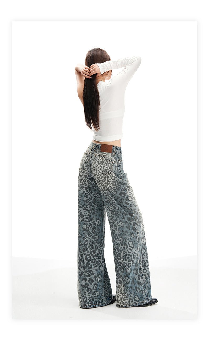 Wide-Leg Denim Pants With Leopard Print