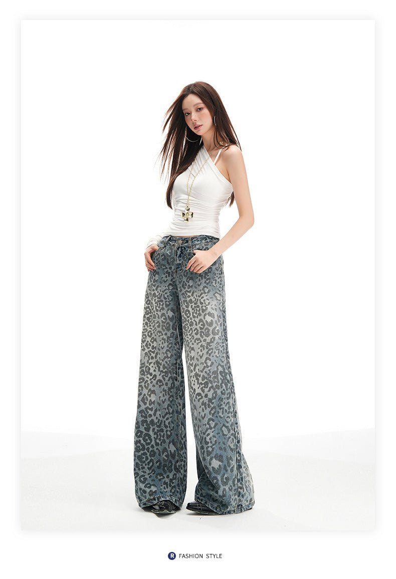 Wide-Leg Denim Pants With Leopard Print
