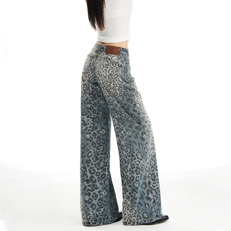 Wide-Leg Denim Pants With Leopard Print