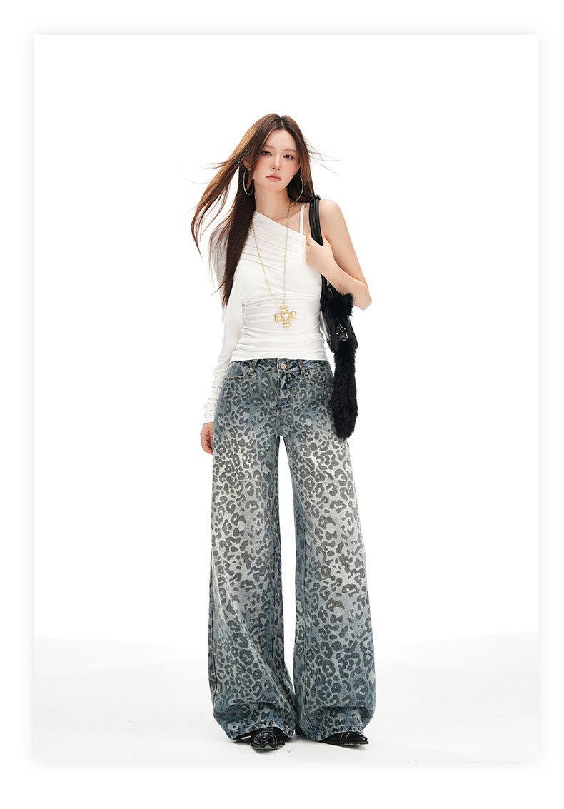 Wide-Leg Denim Pants With Leopard Print