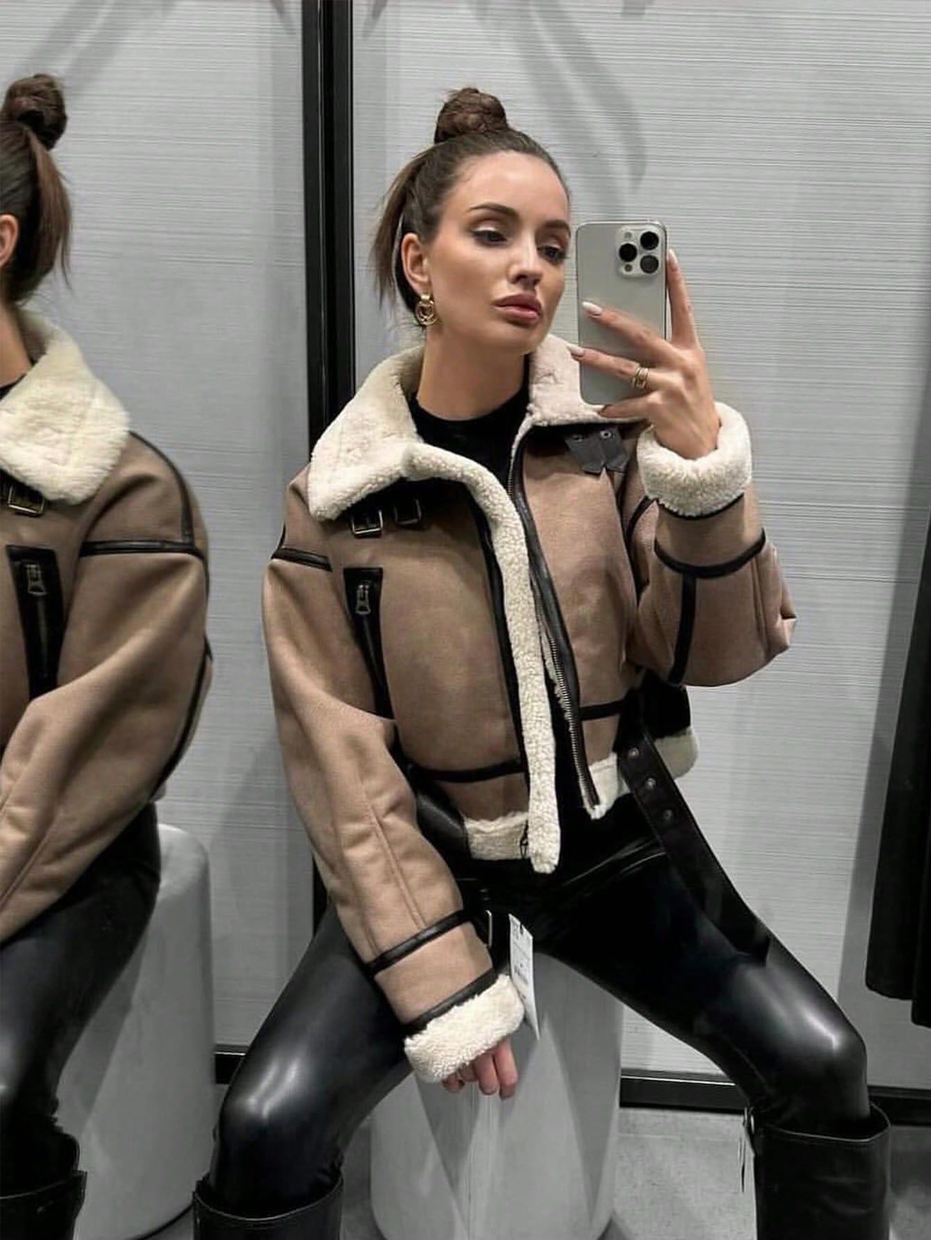 Women Retro Motorcycle Style Short Fur Jacket