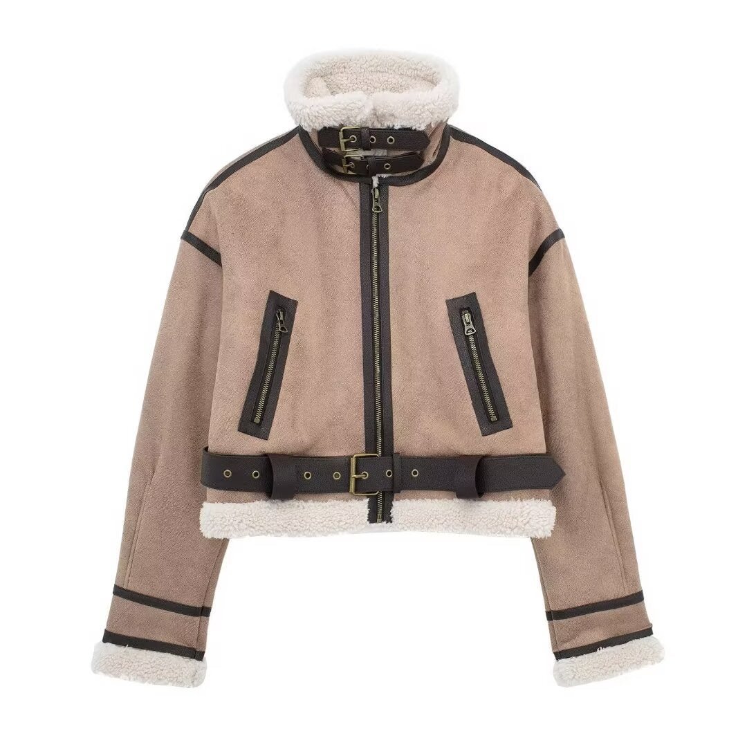 Women Retro Motorcycle Style Short Fur Jacket