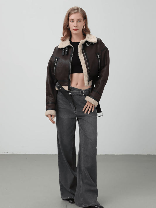 Women Retro Motorcycle Style Short Fur Jacket