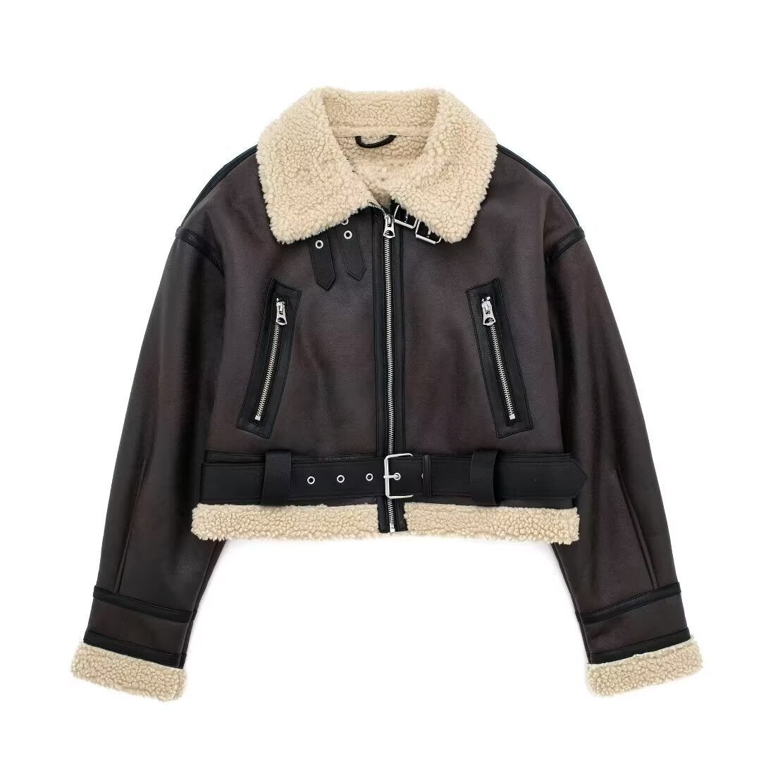Women Retro Motorcycle Style Short Fur Jacket