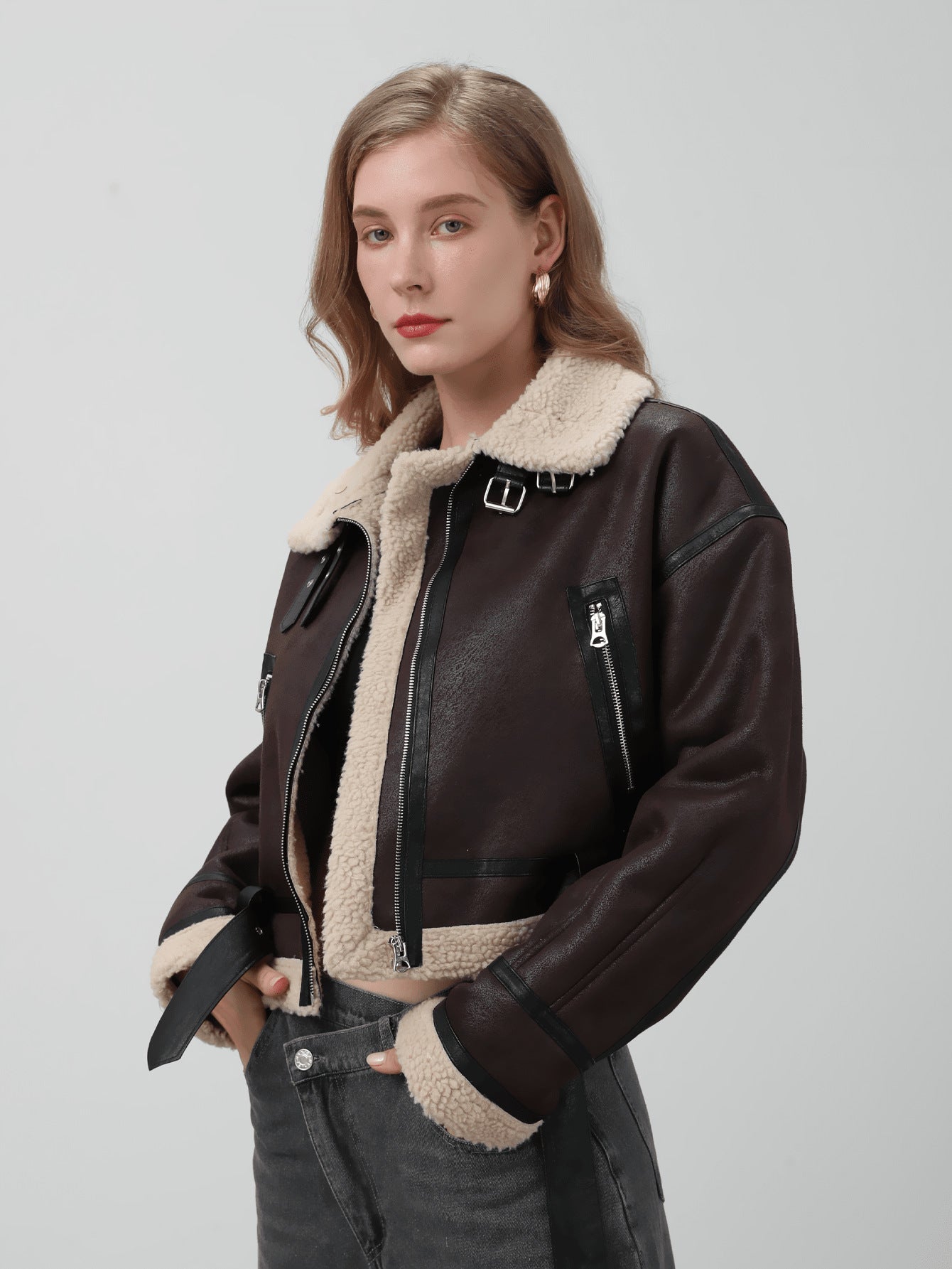 Women Retro Motorcycle Style Short Fur Jacket